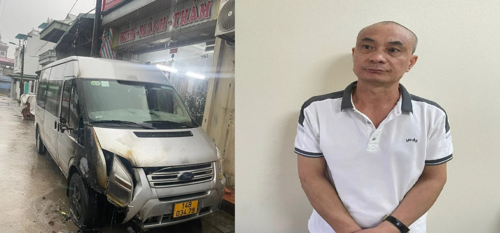 Hoàng Quốc Huy - kẻ cầm xăng đi đốt xe và hình ảnh chiếc xe bị đốt. Ảnh: CAQN