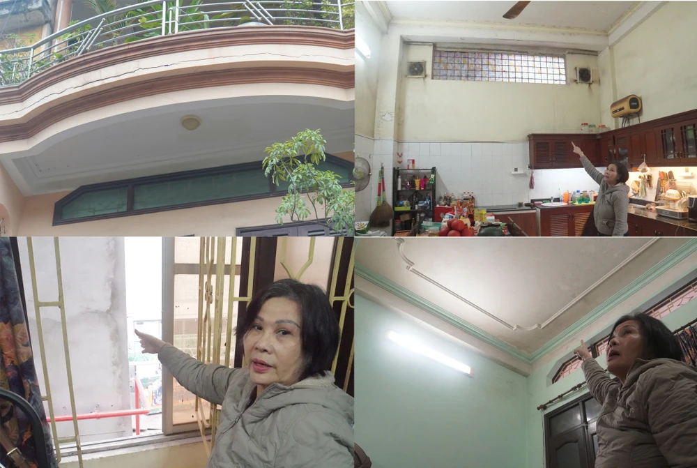 Kể từ khi dự án khách sạn Wink Hải Phòng xây dựng, ngôi nhà 3 tầng của bà Võ Thị Thu Niệm có dấu hiệu hư hỏng kết cấu, nứt tường, thấm dột nước mưa. Ảnh: NGỌC SƠN
