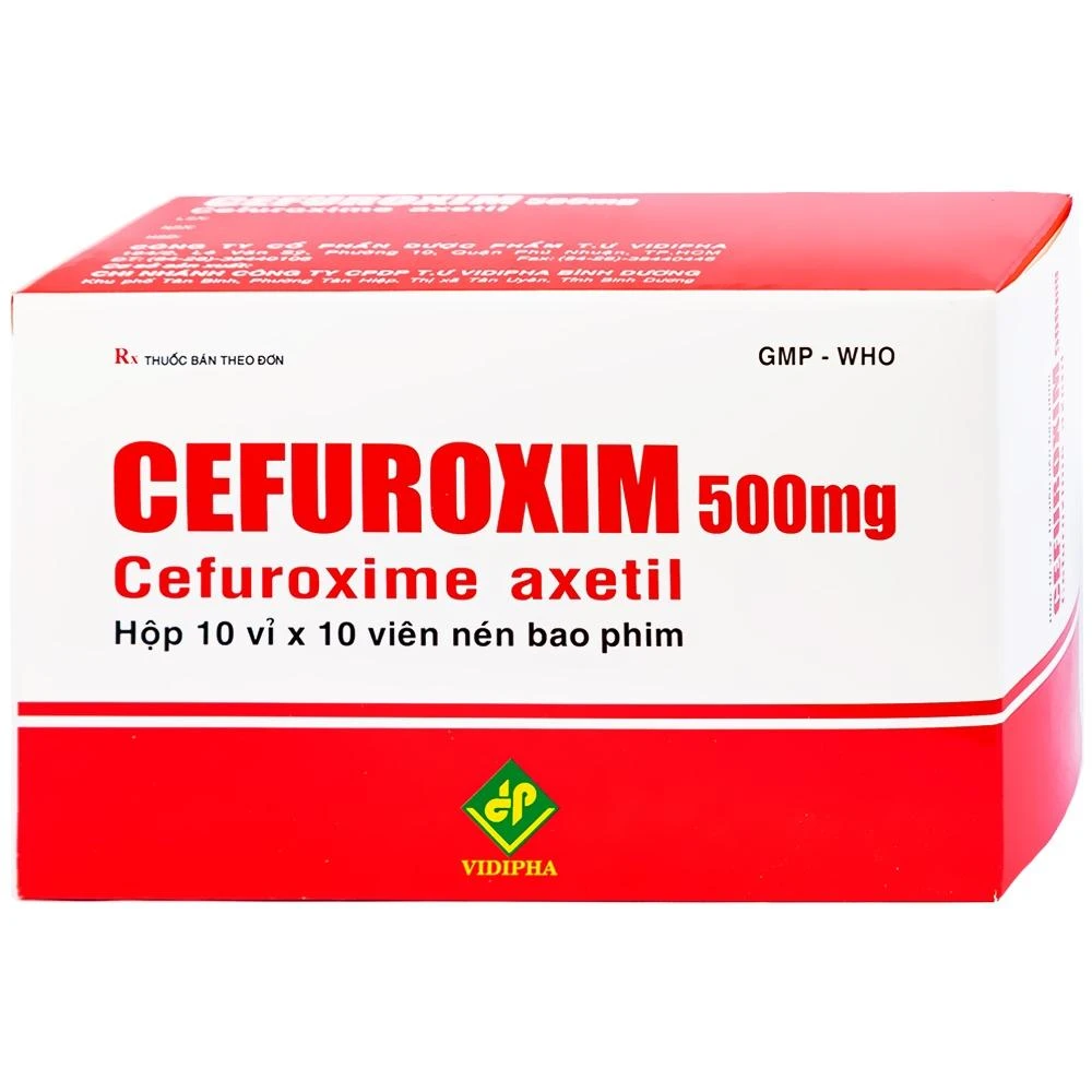Mẫu viên nén bao phim Cefuroxim 500mg do Công ty Vidipha sản xuất.