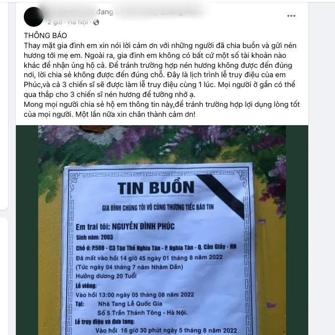 Facebook của người thân Hạ sĩ Nguyễn Đình Phúc khẳng định gia đình không có tài khoản ngân hàng nào để kêu gọi hay nhận ủng hộ, mong mọi người cảnh giác tránh bị lừa. Ảnh chụp màn hình