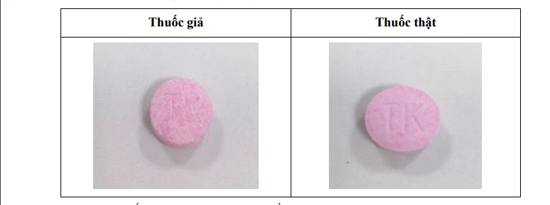 Viên thuốc: nét khắc chữ "TK" trên viên thuốc giả không sắc nét; màu sắc trên viên thuốc giả không đồng nhất.
