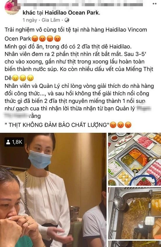 Bài đăng của người tiêu dùng tố thịt dê nhà hàng Haidilao bị tan thành nước sau vài phút cho vào nước lẩu. ẢNH: Chụp màn hình