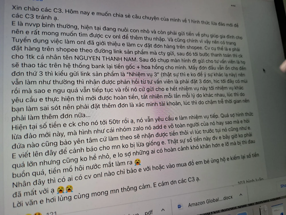 Bài đăng của chị H. về việc bản thân bị các đối tượng xấu lừa đảo tuyển dụng việc làm