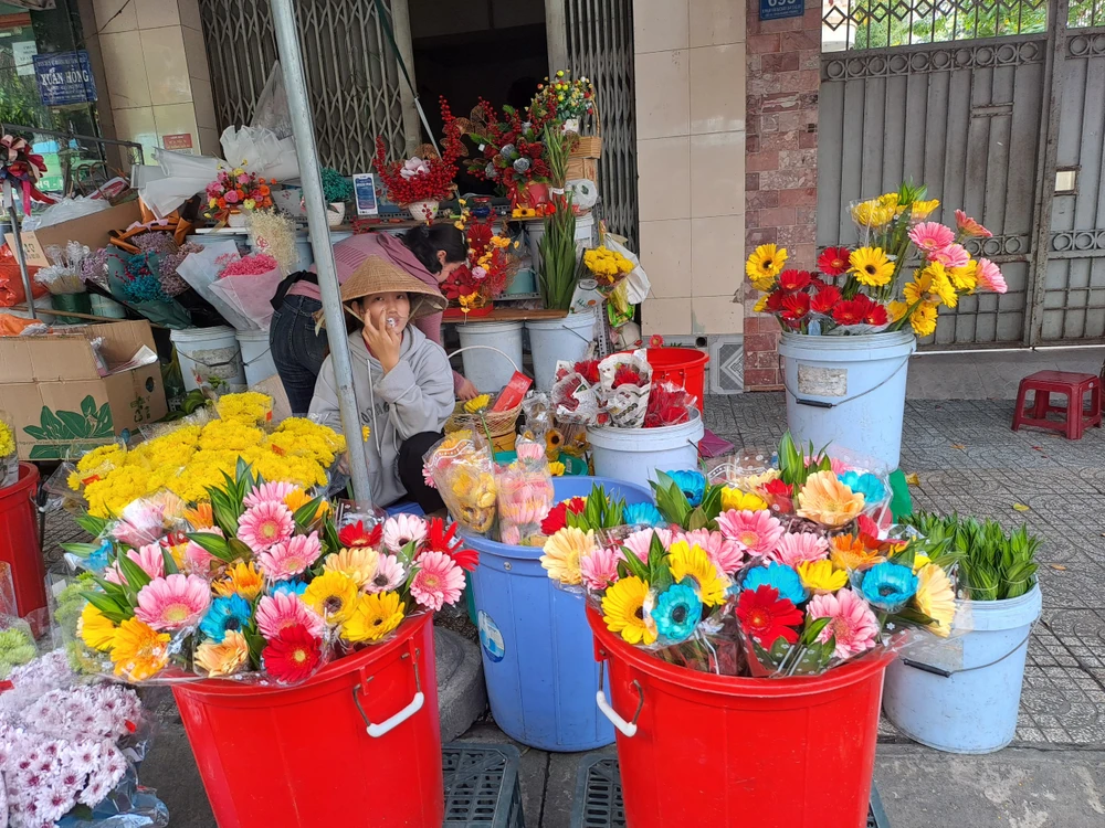 Mặc dù giá cao nhưng hoa đồng tiền vẫn cháy hàng trong ngày vía Thần Tài. ẢNH: THU HÀ