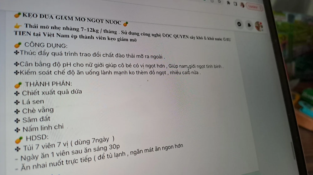 Một bài quảng cáo giảm cân nhẹ nhàng 7-12 kg/tháng chỉ bằng cách ăn kẹo giảm cân được đăng tải trên mạng xã hội. Ảnh: chụp màn hình