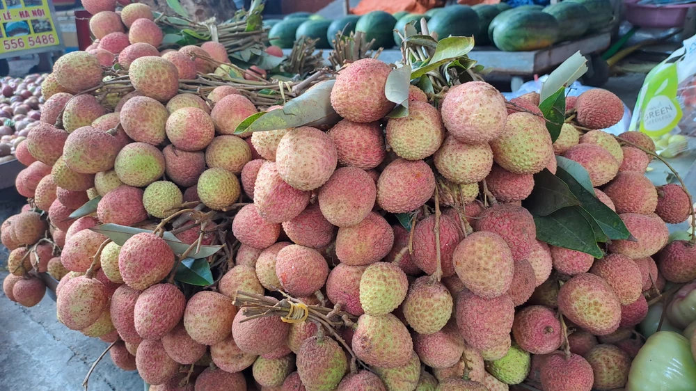 Vải thiều u hồng được chị Huyền nhập từ Đăk Lăk bán với giá 40.000 đồng/kg. Ảnh: Thu Hà