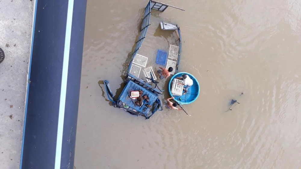 Xe tải chở gà tông sập lan can cầu, bay xuống sông Dinh ảnh 1