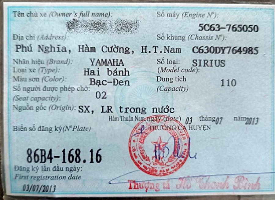 Giấy đăng ký xe, gia đình cung cấp.