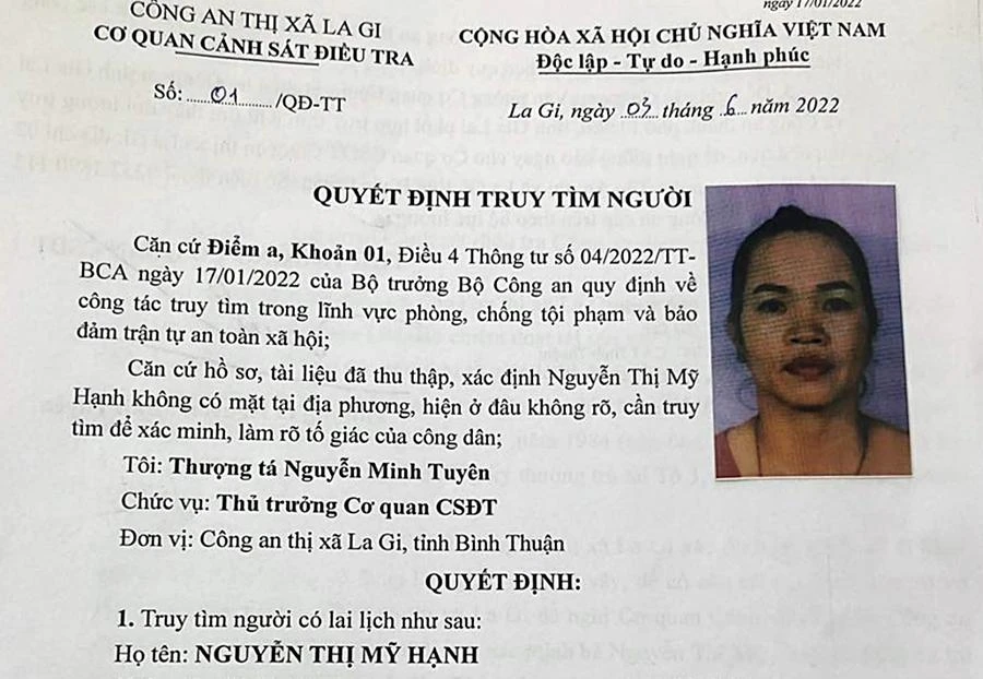 Quyết định truy tìm của Công an thị xã La Gi.