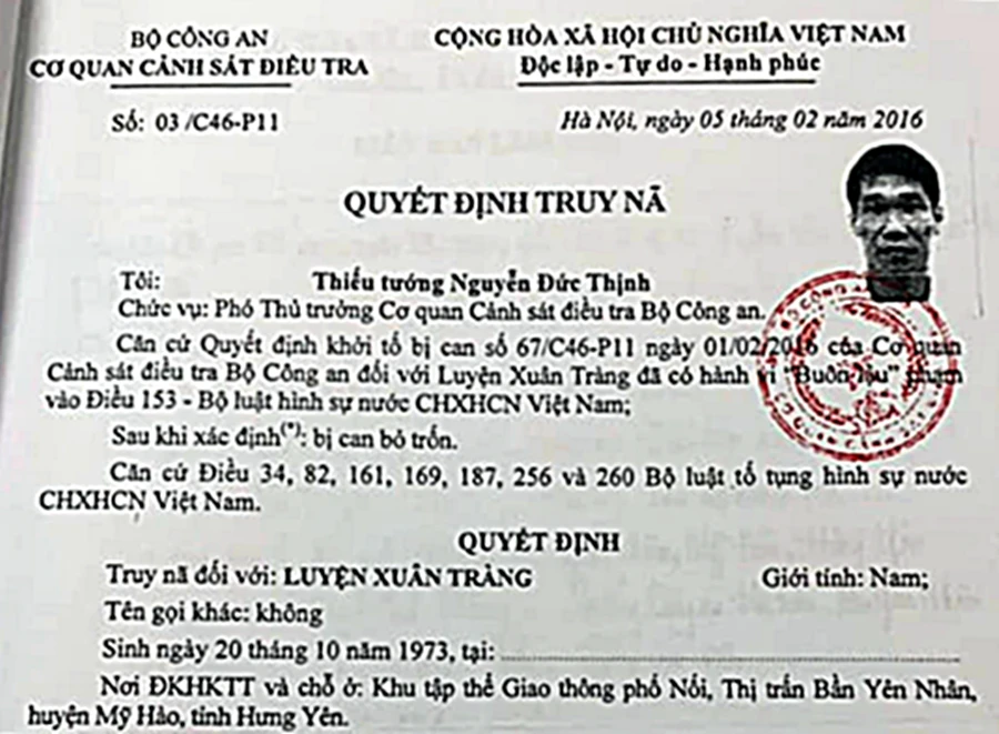 Quyết định truy nã Luyện Xuân Tràng.