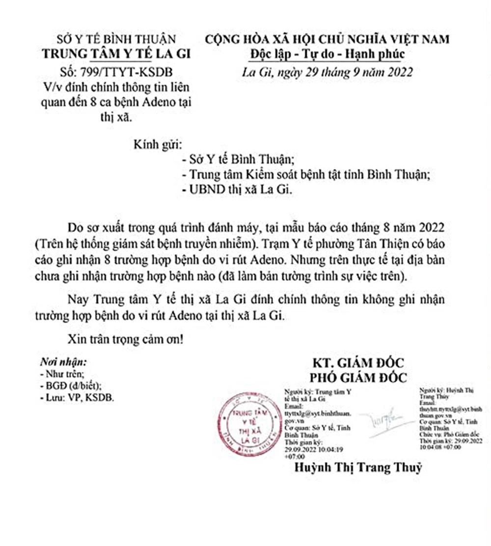 Văn bản đính chính của Trung tâm Y tế La Gi.