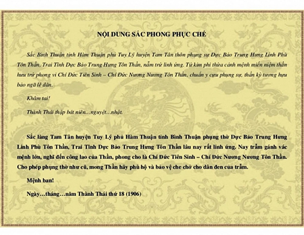 Nội dung sắc phong của vua Thành Thái. Nội dung sắc phong của vua Thành Thái.