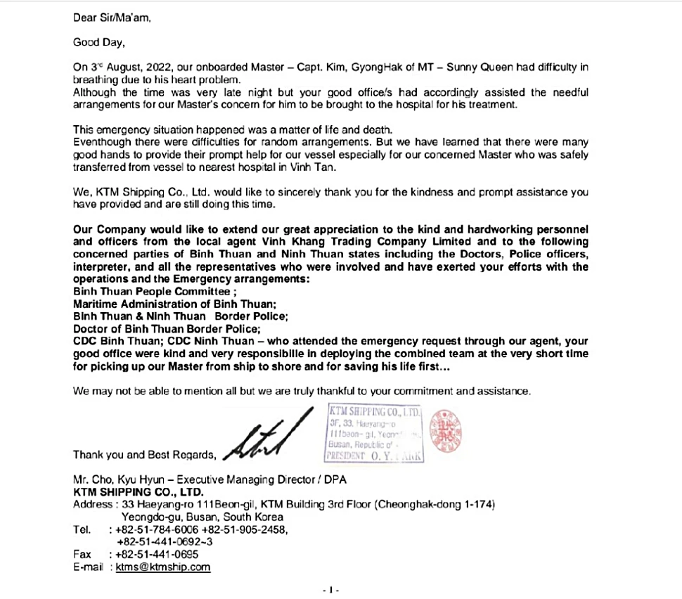 Thư cảm ơn của chủ tàu Sunny Queen.