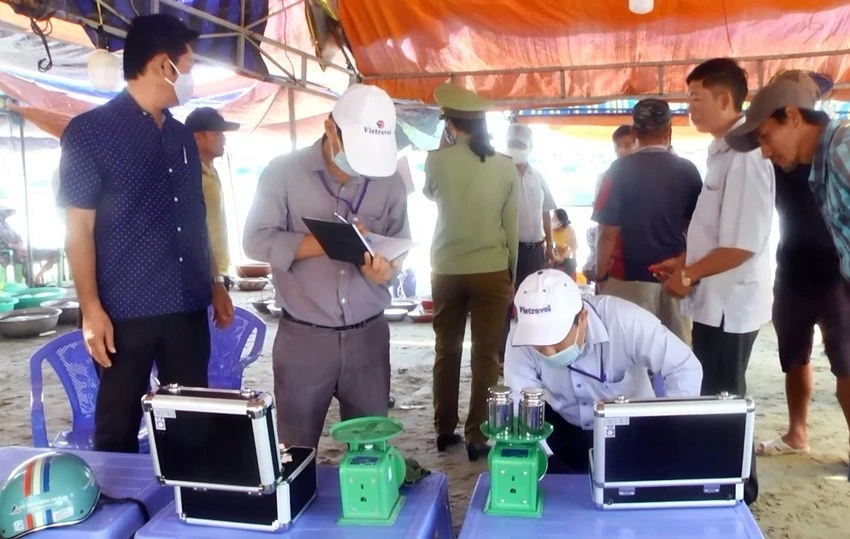 Rất nhiều lần UBND phường Mũi Né, UBND TP Phan Thiết lập đoàn kiểm tra, thu giữ cân, xử phạt tiền nhưng tình trạng mua bán bằng cân gian lận vẫn tái diễn. Ảnh cắt từ clip
