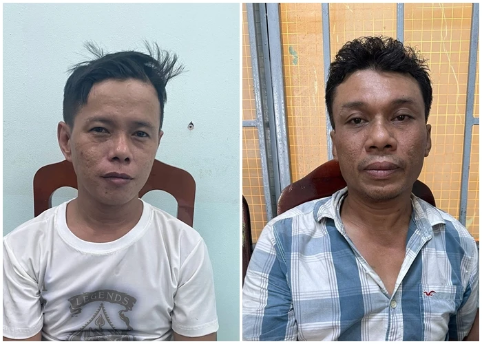 Trần Quốc Cường và Lê Văn Tuyển tại cơ quan công an. Ảnh: PĐ