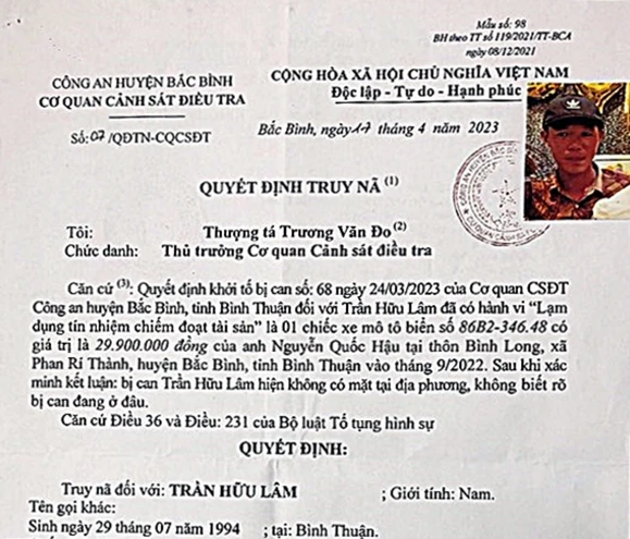 Quyết định truy nã Trần Hữu Lâm.