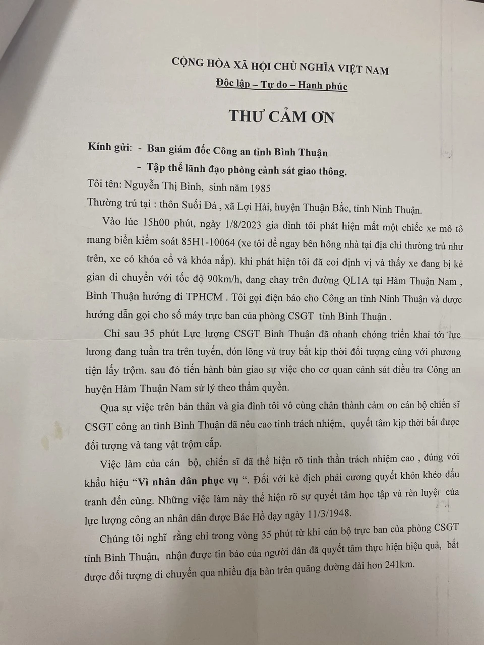 Thư cảm ơn của bà Bình. Ảnh: PN