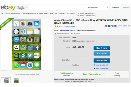 iPhone 5S cài Flappy Bird được rao bán với giá 1.499 USD.