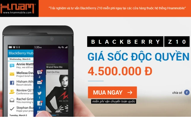 BlackBerry mức giá 4,5 triệu đồng được bán độc quyền trên Hnammobile