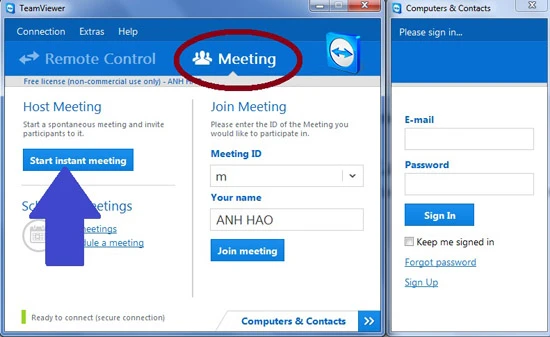 Để đăng cai buổi họp trên TeamViewer 9, chuyển sang tab Meeting (khoanh đỏ) rồi nhấn Start Instant Meeting (mũi tên). 3 1-Huong-dan-su-dung-TeamViewer-9-Hoi-nghi.jpg
