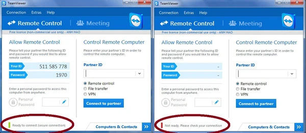 Đèn xanh báo hiệu kết nối mạng đảm bảo cho TeamViewer 9 sẵn sàng hoạt động (hình bên trái), đèn đỏ (bên phải) là kết nối mạng có vấn đề. 1 5-Huong-dan-su-dung-TeamViewer-9-Cai-dat (OK).jpg