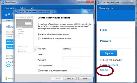 Để sử dụng TeamViewer đầy đủ tính năng nhất, đăng ký tài khoản theo đường dẫn như trong hình (khoanh đỏ) và nhập thông tin như bình thường. 5 1-Huong-dan-su-dung-TeamViewer-9-Tao-tai-khoan.jpg