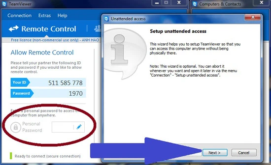 Để cài đặt mật khẩu riêng, nhấp chuột vào ô Personal Password (khoanh đỏ) trong tab Remote Control rồi Next để thực hiện quá trình cài đặt Unattended Access. 4,5 1-Huong-dan-su-dung-TeamViewer-9-Mat-khau-ca-nhan.jpg