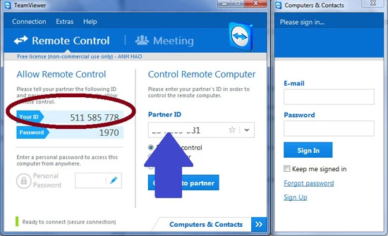 Lấy số ID TeamViewer từ máy người cần hỗ trợ, tương tự như số ID bạn có trong khung Your ID (khoanh đỏ), rồi nhập vào Partner ID (mũi tên) và xác nhận. 2 1-Huong-dan-su-dung-TeamViewer-9-Dieu-khien-tu-xa-Remote-Control.jpg