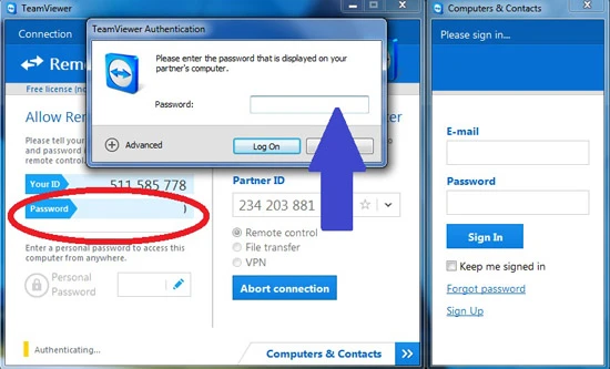 Lấy Password từ máy cần hỗ trợ (như vị trí khoanh đỏ) rồi nhập vào ô trống (mũi tên) trong TeamViewer 9 của máy mình, ấn Log On. 2 2-Huong-dan-su-dung-TeamViewer-9-Dieu-khien-tu-xa-Remote-Control.jpg