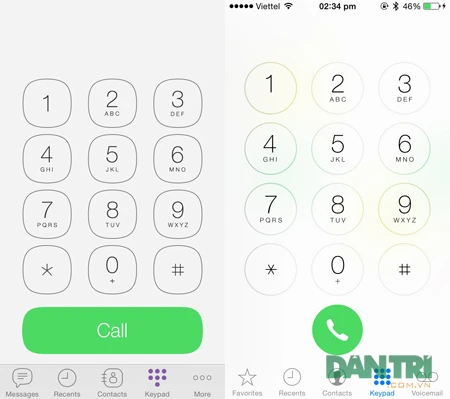 Giao diện bàn phím gọi điện Viber (bên trái) và giao diện gọi điện của máy khá tương đồng.