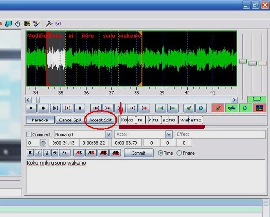 Hướng dẫn sử dụng Aegisub để tạo karaoke: Nhấp chuột vào những nơi cần chia tách âm tiết thêm trong khung chữ (gạch chân đỏ) theo ý mình.