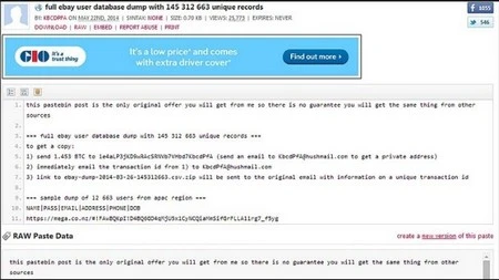 Thông báo rao bán cùng các thông tin “mẫu” về người dùng của eBay&nbsp;