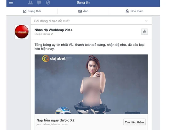 Thông tin mời chào cá độ World Cup 2014 xuất hiện trên Facebook chiều ngày 11/6. Ảnh: N.Đ
