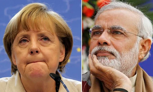 Thủ tướng Đức Angela Merkel (trái) và người đồng cấp Ấn Độ Narendra Modi. Ảnh: Zee News. Thủ tướng Đức Angela Merkel (trái) và người đồng cấp Ấn Độ