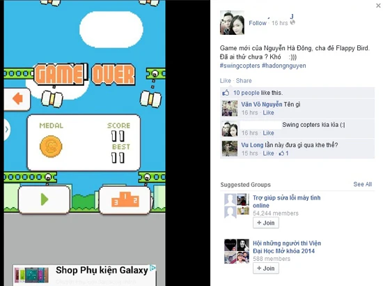 Những người chơi được 11 điểm như thế này là rất hiếm sau hơn 1 ngày Swing Copters ra mắt. A4,5-Swing-Copters-Flappy-Bird-Nguyen-Ha-Dong.jpg