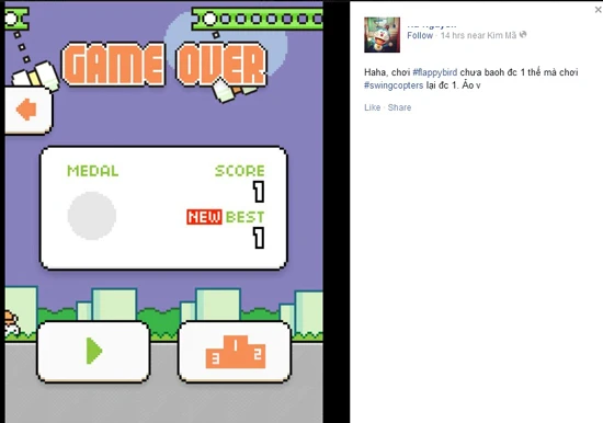 Bạn này cho biết mình chưa bao giờ chơi Flappy Bird chỉ được 1 điểm mà giờ với Swing Copters lại bị. A8-Swing-Copters-Flappy-Bird-Nguyen-Ha-Dong.jpg