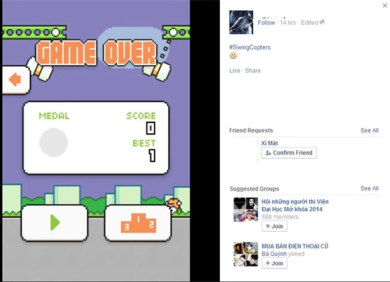 Nhiều người chỉ được 1 điểm ở trò Swing Copters và không tài nào vượt qua nữa. A2-Swing-Copters-Flappy-Bird-Nguyen-Ha-Dong.jpg