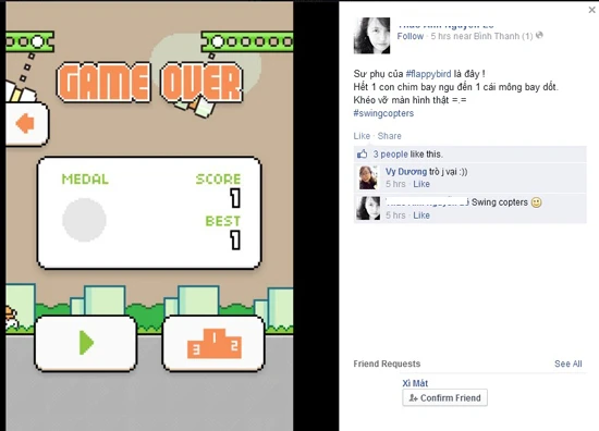 Bạn này chơi Swing Copters được 1 điểm và kêu: “Khéo vỡ màn hình thật”. A1-Swing-Copters-Flappy-Bird-Nguyen-Ha-Dong.jpg