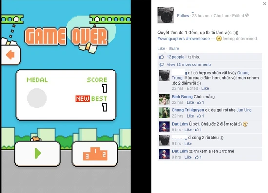 Swing Copters cũng sẽ gây kích thích với độ khó đến khó đỡ giống như Flappy Bird? Một bạn nói: “Quyết tâm được 1 điểm để up Facebook rồi mới làm việc”. A10-Swing-Copters-Flappy-Bird-Nguyen-Ha-Dong.jpg