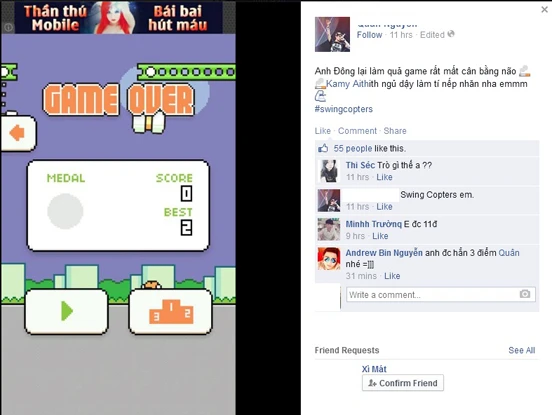 Một bạn chỉ được 2 điểm và phán: “Anh Đông lại làm quả game rất mất cân bằng não”. A5-Swing-Copters-Flappy-Bird-Nguyen-Ha-Dong.jpg