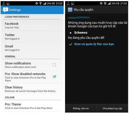 Hộp thoại yêu cầu quyền truy cập vào hộp thư Gmail của ứng dụng Schemes (phải)