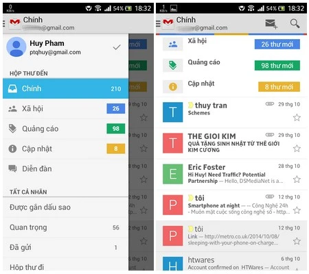 Giao diện ứng dụng Gmail cũ...