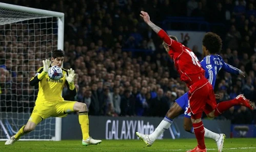 Courtois cản phá cú sút của Moreno. Ảnh:Reuters. 1422390403486-lc-galleryImage-7081-2045-