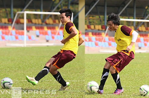 Văn Toàn, Tuấn Anh tích cực tập sút để chờ cơ hội bắn phá khung thành Olympic Macau. Ảnh:Đức Đồng. DONG4404-5464-1427734773.jpg