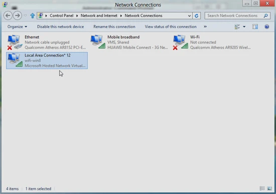 Hướng dẫn phát WiFi từ laptop: Nhấp phải chuột vào biểu tượng mạng ở dưới thanh taskbar=> chọn Open Network and Sharing Center=> “Change adapter settings”, bạn sẽ thấy xuất hiện thêm một mạng không dây ảo trong Network Connections (trong ảnh là Local Area Connection* 12). 3-Phat-WiFi-tu-laptop-Win-8-Win-7.jpg