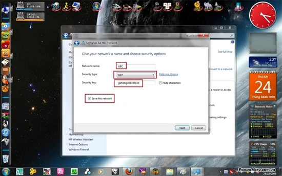 Hướng dẫn phát WiFi từ laptop: Đặt tên mạng, chọn kiểu mạng là WEP, đặt mật khẩu, tích “Save this network” => bấm Next. A4,5-Phat-WiFi-tu-laptop-Win-8-Win-7.jpg