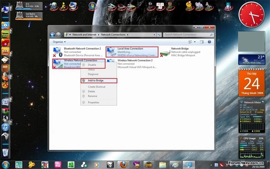 Hướng dẫn phát WiFi từ laptop: Giữ Ctrl và chọn cả Local Area Network và Wireless Network Center=> nhấp chuột phải và ấn Add to Bridge. A7,5-Phat-WiFi-tu-laptop-Win-8-Win-7.jpg