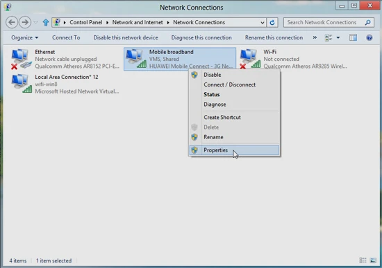 Hướng dẫn phát WiFi từ laptop: Nhấp phải chuột vào mạng đang được dùng để truy cập Internet (ở đây đang dùng 3G của Mobifone) => chọn Properties. 4,5-Phat-WiFi-tu-laptop-Win-8-Win-7.jpg