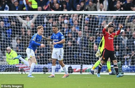 Các cầu thủ Everton ăn mừng bàn thắng trong sự thất vọng của cầu thủ MU. ẢNH: GETTY