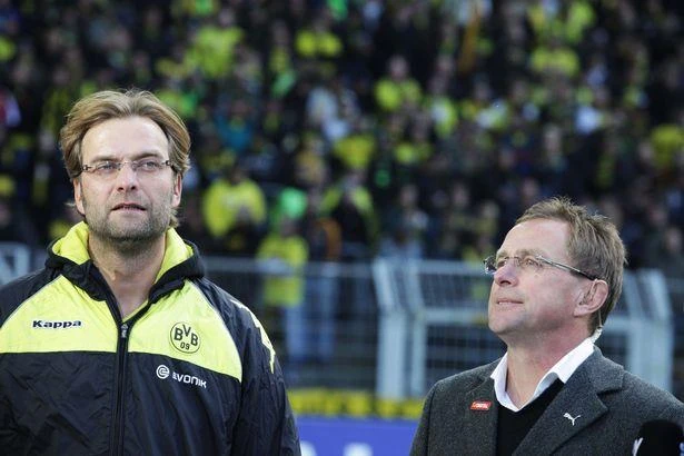 Klopp và Rangnick "đấu trí" với nhau tại Bundesliga trong màu áo Borussia Dortmund và Hoffenheim. ẢNH: MIRROR